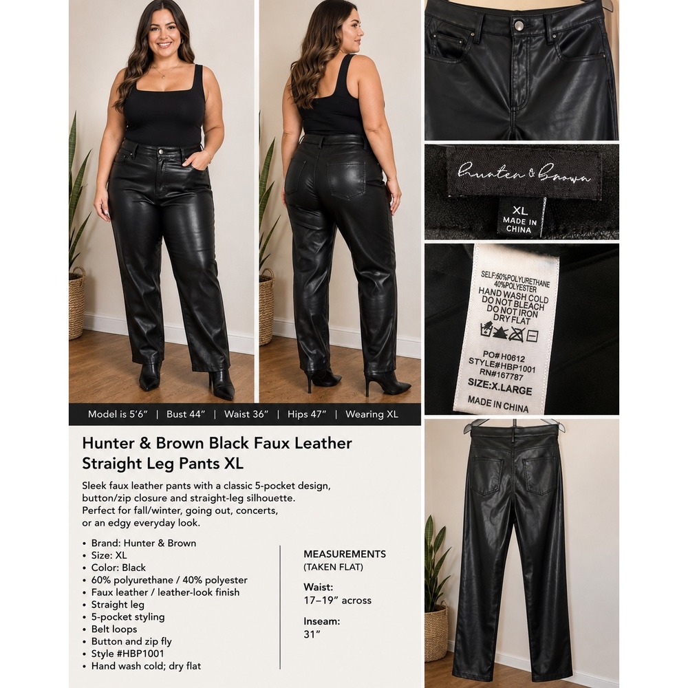 Title: Hunter & Brown Black Faux Leather Straight Leg Pants XL